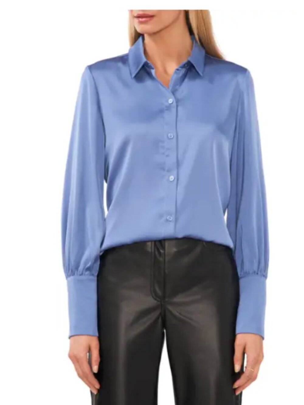 Halogen Satin Button Down Shirt Blouse Soft Indigo Blue Size Medium Long Sleeve
